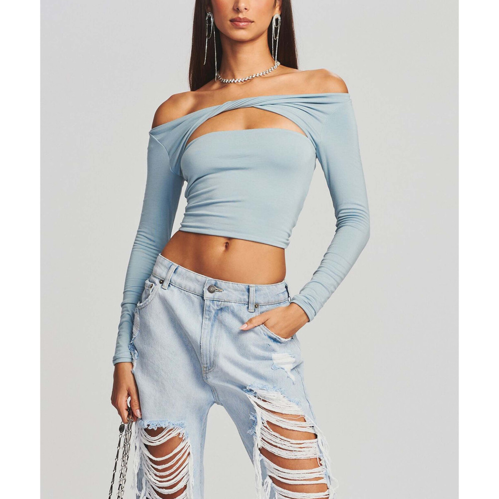 Ser.O.Ya 'Artemis' Blue Long Sleeve Cotton Chest Cut Out Off Shoulder Top Size